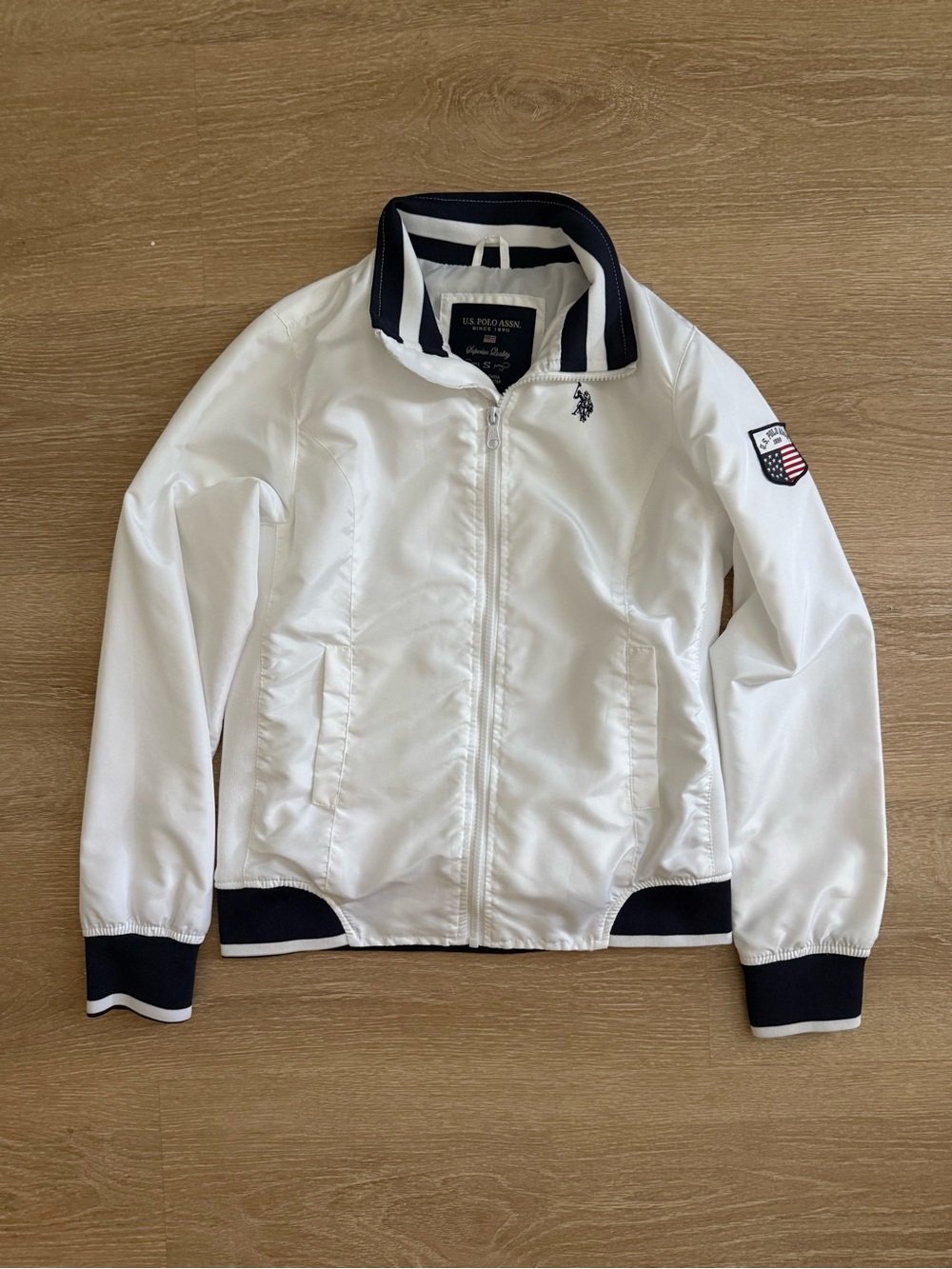 U.S. Polo Assn. White Bomber Jacket with Navy Trim